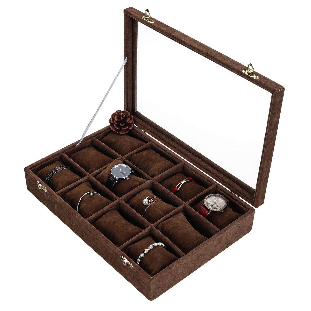 12 Grids Jewelry Storage Box Watch Display PU Leather Watch Case Organizer 35cm*24cm*7cm Coffee