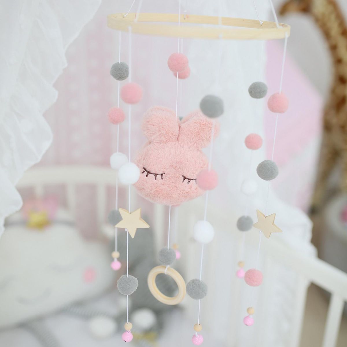 Mobile Wind Chime Rattle Toy Hanging Bed WOODen Pink