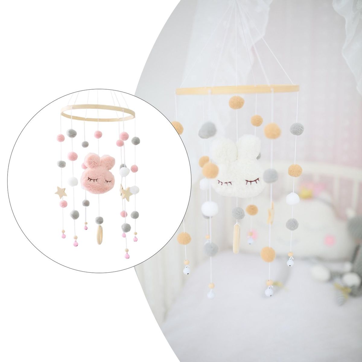 Mobile Wind Chime Rattle Toy Hanging Bed WOODen Pink