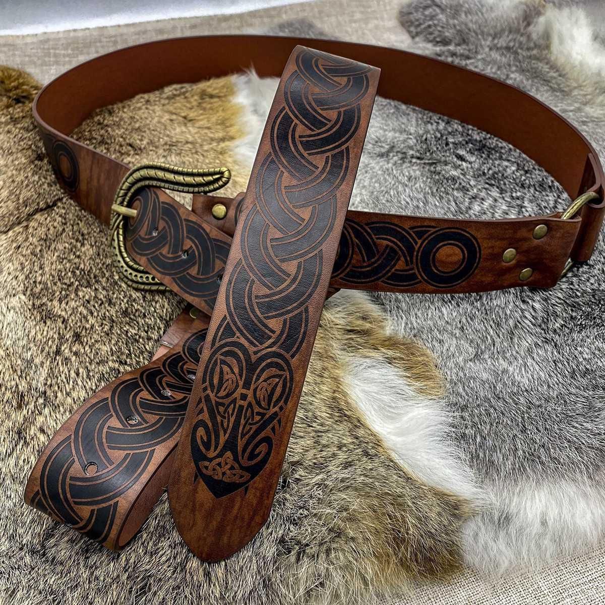 Nordic Embossed Buckle BeltRetro Medieval Faux Leather Belt for LARP Cosplay Costume Brown Snake Head