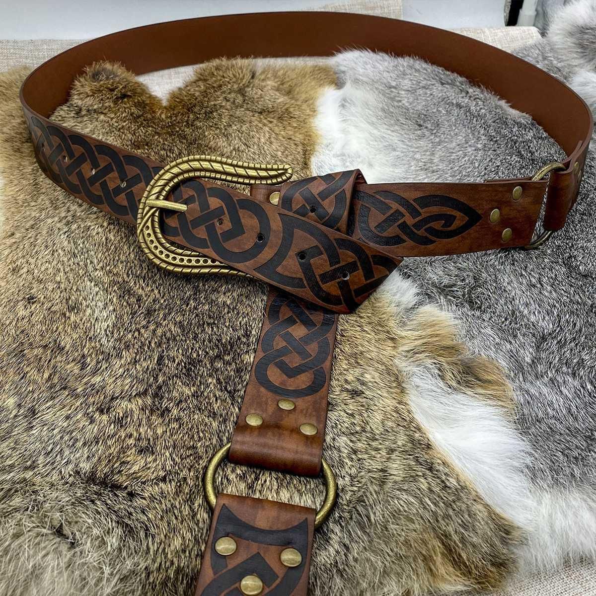 Nordic Embossed Buckle BeltRetro Medieval Faux Leather Belt for LARP Cosplay Costume Brown Snake Head