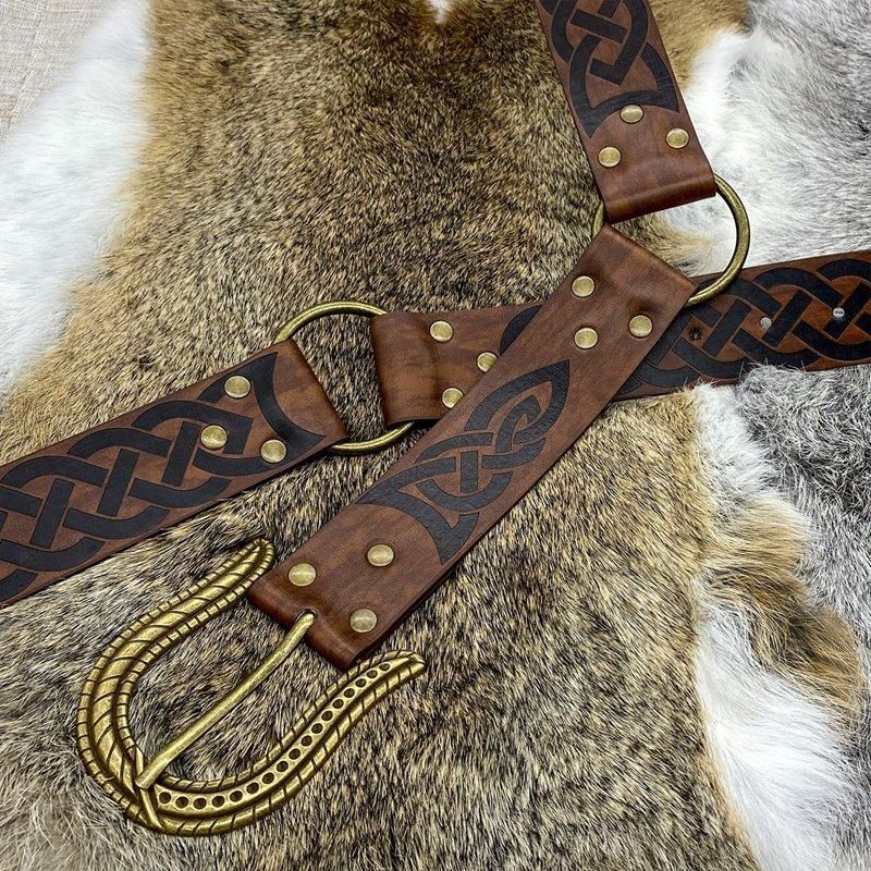 Nordic Embossed Buckle BeltRetro Medieval Faux Leather Belt for LARP Cosplay Costume Brown Snake Head