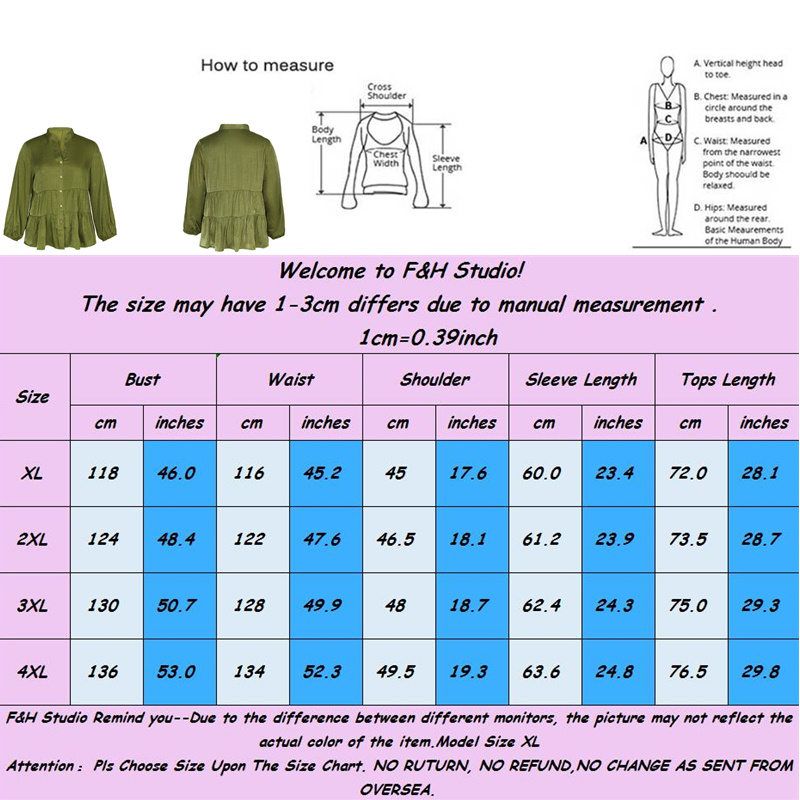 XL-4XL V Neck Long Sleeve Button Down Office Work Plus Size Blouse Green 2776