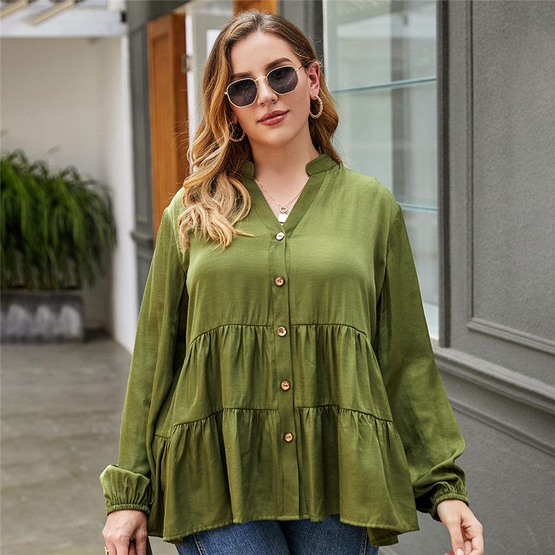 XL-4XL V Neck Long Sleeve Button Down Office Work Plus Size Blouse Green 2776