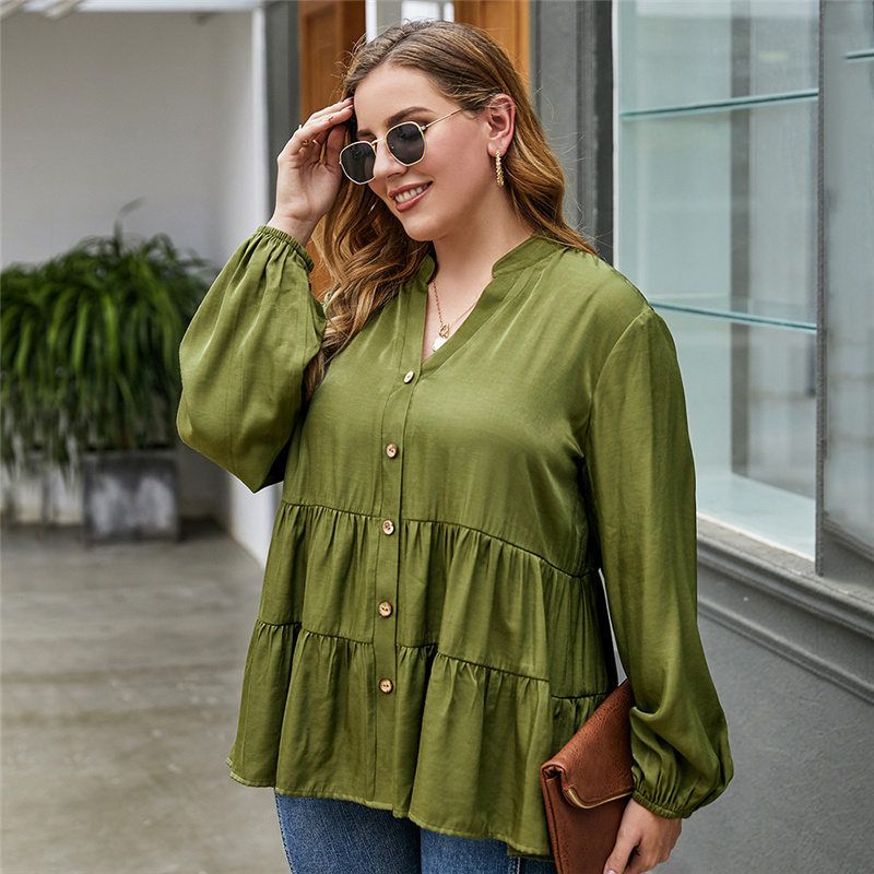 XL-4XL V Neck Long Sleeve Button Down Office Work Plus Size Blouse Green 2776
