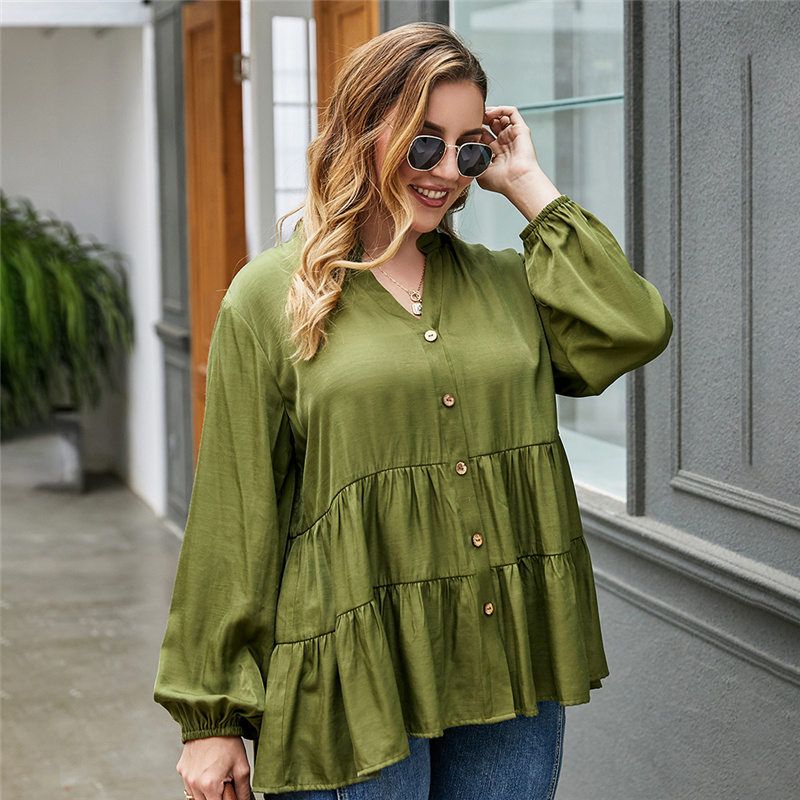 XL-4XL V Neck Long Sleeve Button Down Office Work Plus Size Blouse Green 2776