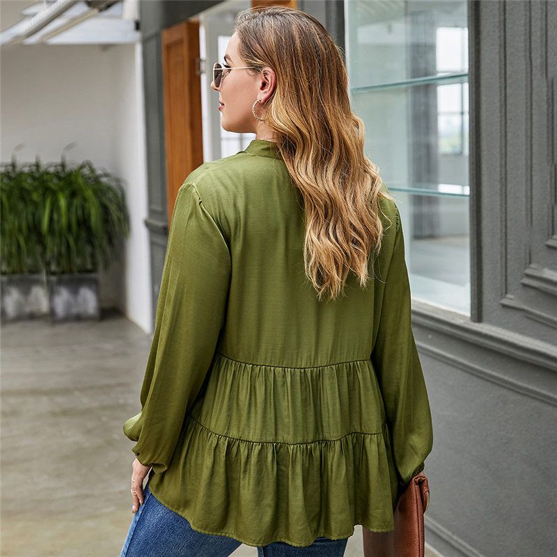 XL-4XL V Neck Long Sleeve Button Down Office Work Plus Size Blouse Green 2776
