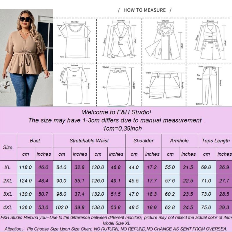 F&H 3603 XL-4XL V Neck Plus Size Casual Women Blouse