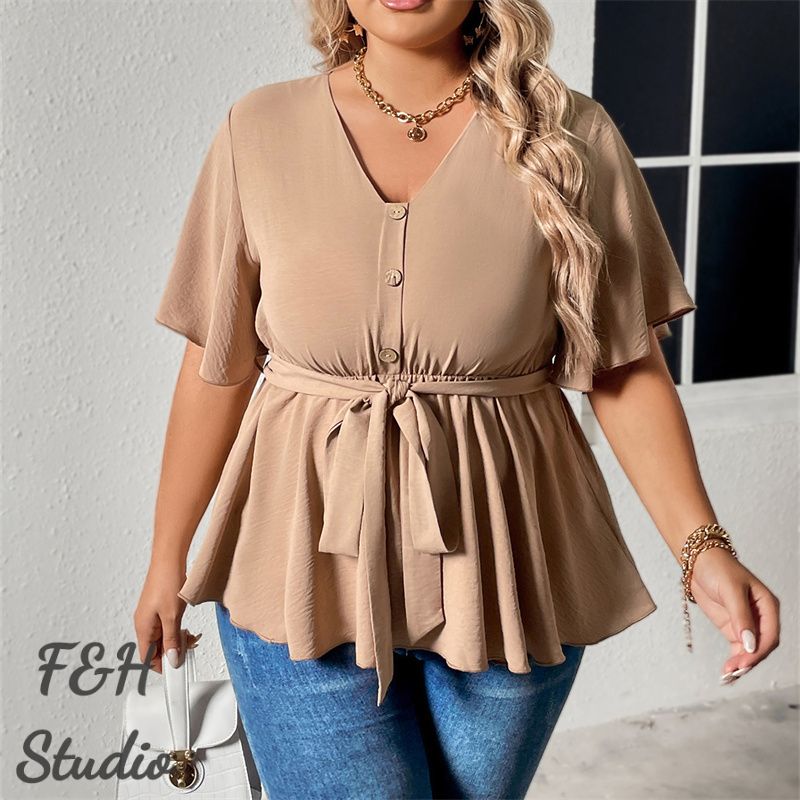F&H 3603 XL-4XL V Neck Plus Size Casual Women Blouse