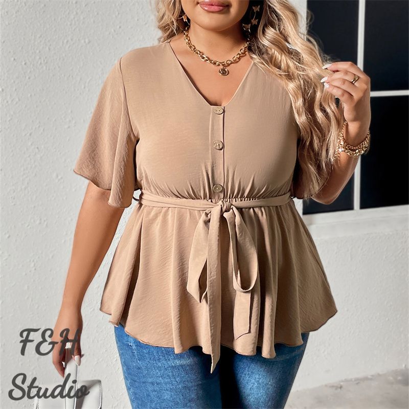 F&H 3603 XL-4XL V Neck Plus Size Casual Women Blouse