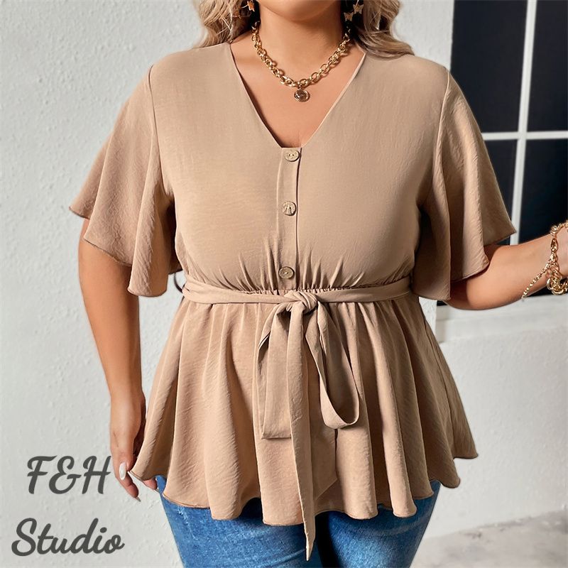 F&H 3603 XL-4XL V Neck Plus Size Casual Women Blouse