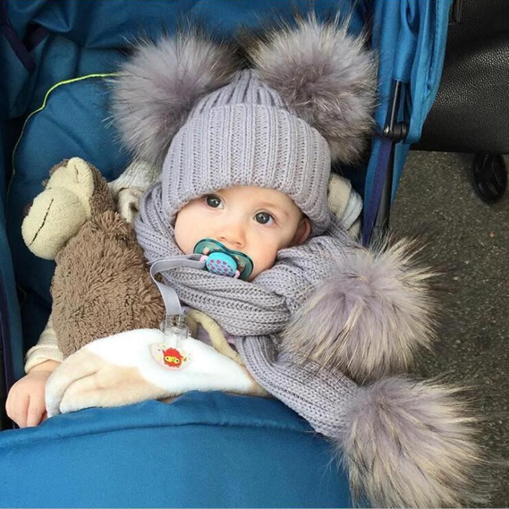 Winter Warm Knitted Scarf Muffler Ribbed Warm Wool Scarfs Infant Toddler Newborn Baby Scarf with Pom Pom Balls