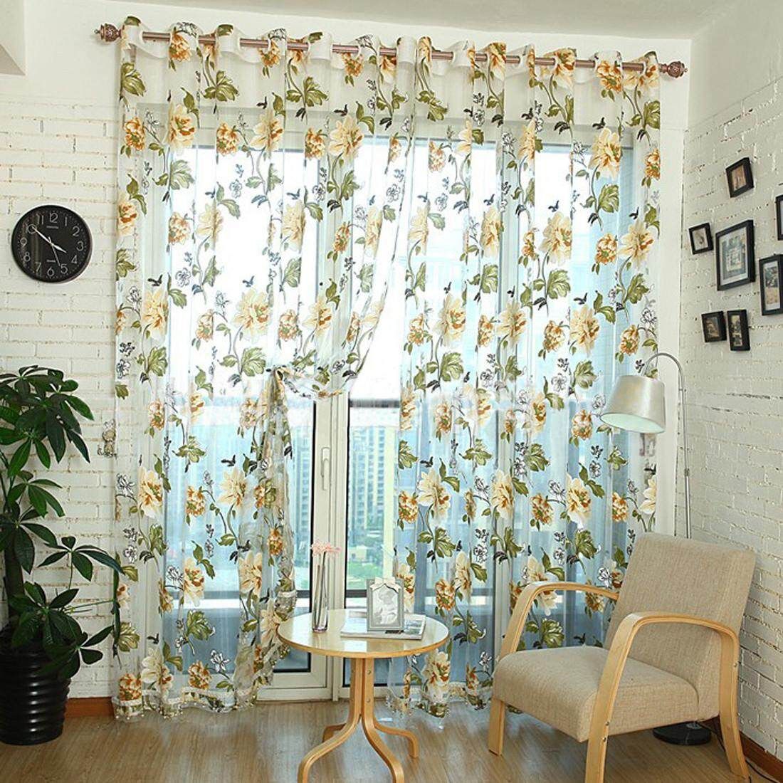 Newly Flower Curtain Panel Window Door Curtain Room Voile Drape Brown Rod