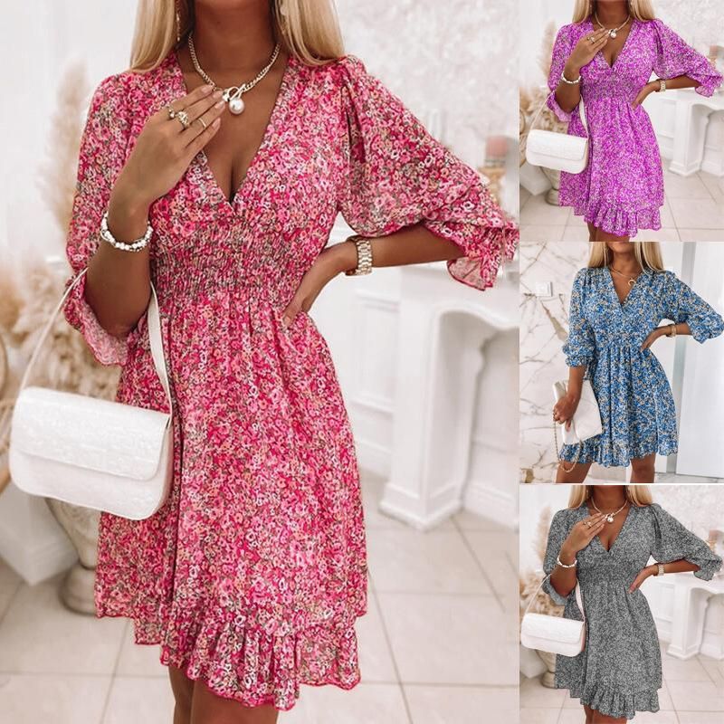 2023 New Mid length Dress Waist Pullover Bohemian Printed Short Sleeve Fragmented Flower Dress