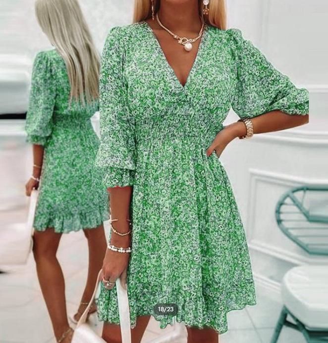 2023 New Mid length Dress Waist Pullover Bohemian Printed Short Sleeve Fragmented Flower Dress