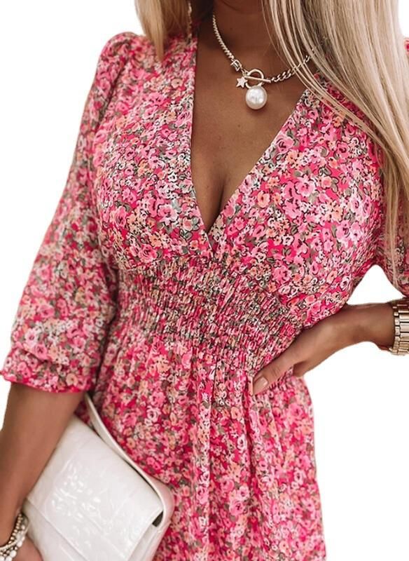 2023 New Mid length Dress Waist Pullover Bohemian Printed Short Sleeve Fragmented Flower Dress