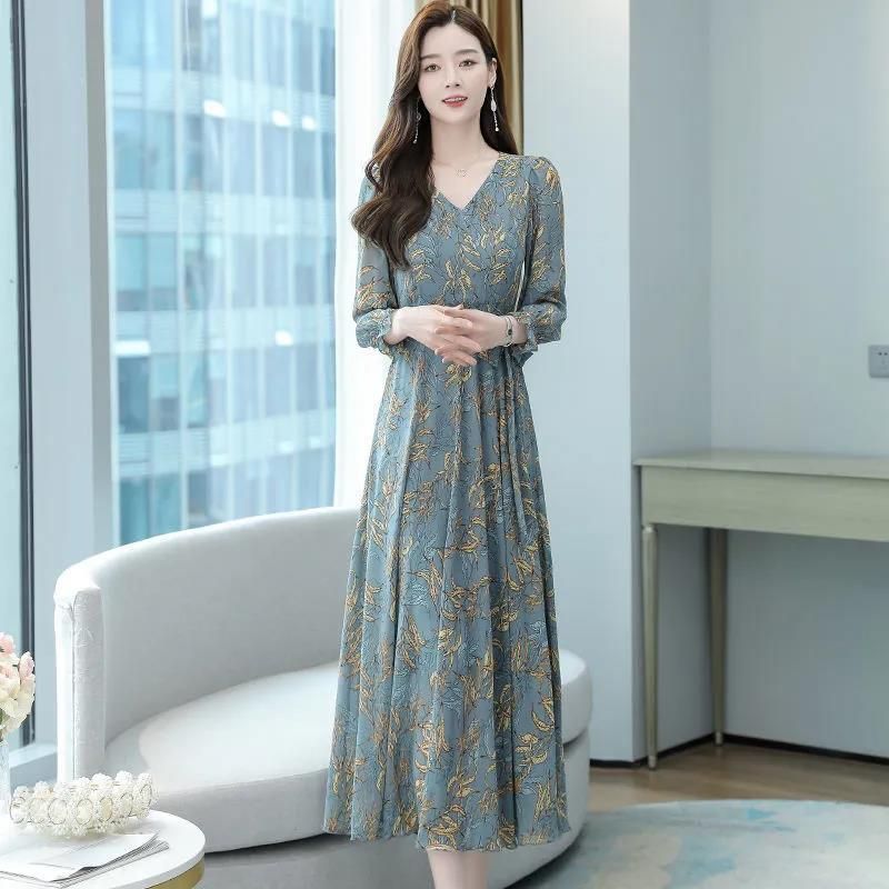 2021 Autumn New Big Swing Dress Women's Mid length Slim Waist Wrapped Middle aged Mom's Long Dress