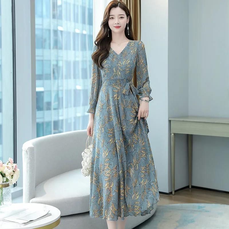 2021 Autumn New Big Swing Dress Women's Mid length Slim Waist Wrapped Middle aged Mom's Long Dress