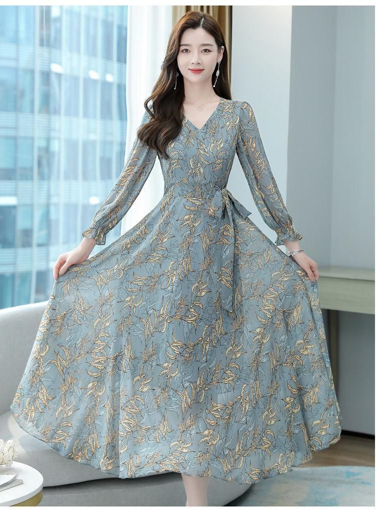 2021 Autumn New Big Swing Dress Women's Mid length Slim Waist Wrapped Middle aged Mom's Long Dress