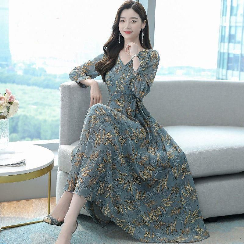 2021 Autumn New Big Swing Dress Women's Mid length Slim Waist Wrapped Middle aged Mom's Long Dress