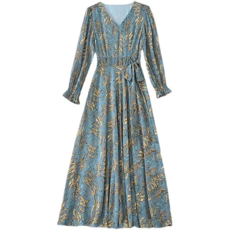 2021 Autumn New Big Swing Dress Women's Mid length Slim Waist Wrapped Middle aged Mom's Long Dress