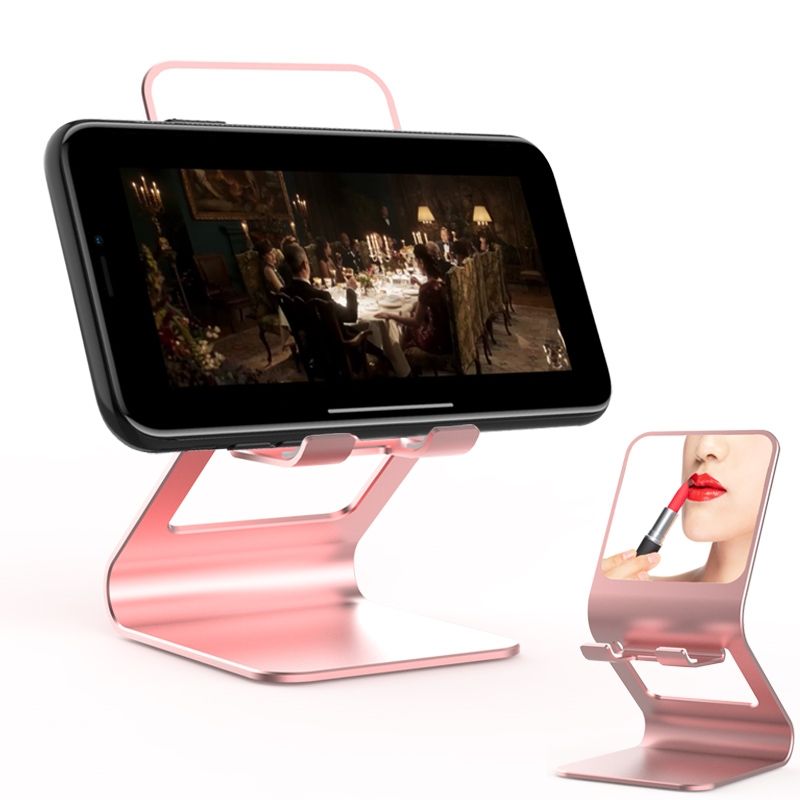 Universal Mobile Phone / Tablet PC Multifunctional Metal Desktop Stand With Makeup Mirror (Pink)