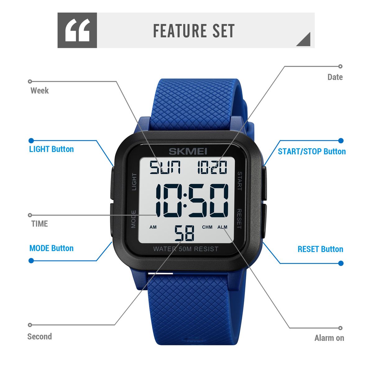 Men Watches Stopwatch Countdown LED Light 5Bar Waterproof Wristwatches Date Clock