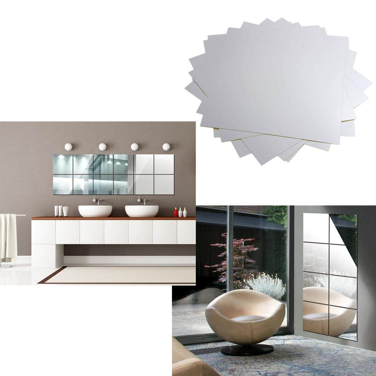 9Pcs Reflective Self-adhesive Mirror Mosaic Tile Wall Stickers DIY Home Room Bathroom Tools 15*15cm