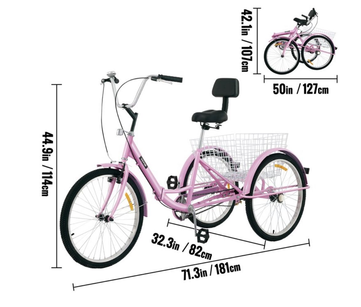 VEVOR Foldable Adult Tricycle 26 Wheels,1-Speed Trike, 3 Wheels Colorful Bike With Basket, Portable And Foldable Bicycle For Adults Exercise Shopping Picnic Outdoor Activities