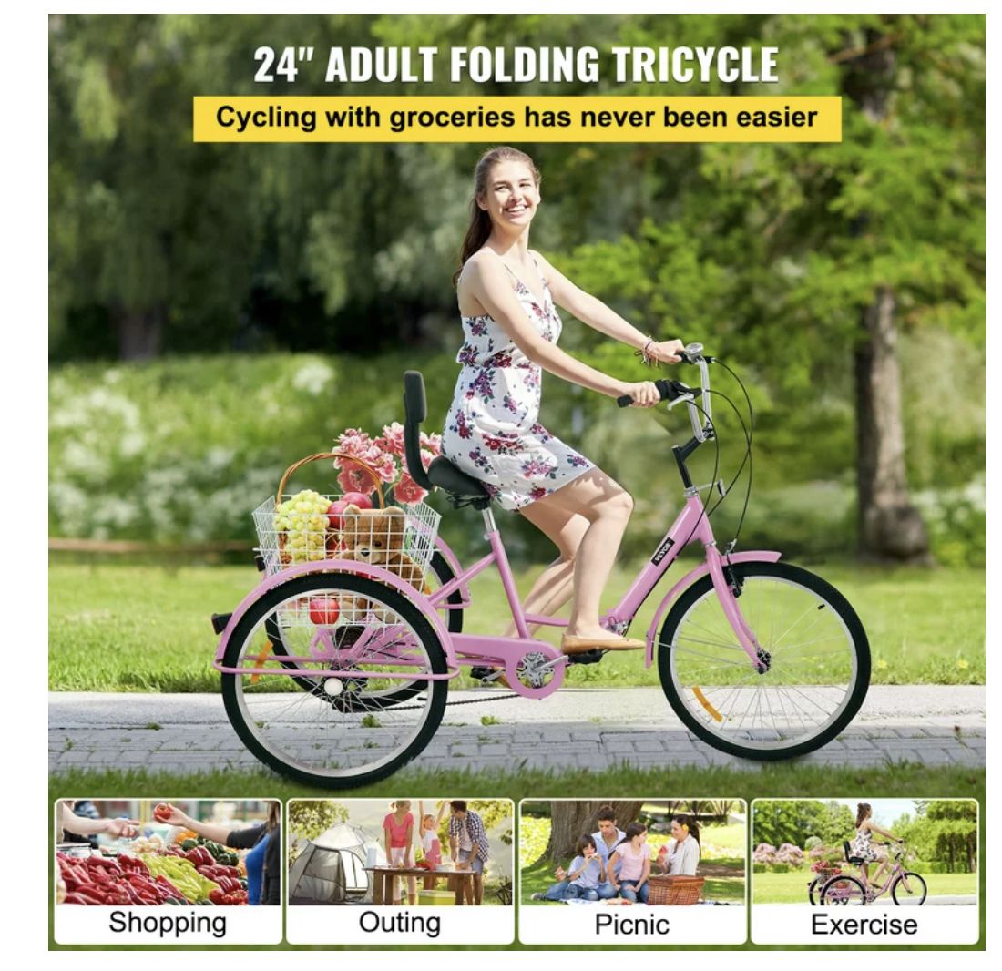 VEVOR Foldable Adult Tricycle 26 Wheels,1-Speed Trike, 3 Wheels Colorful Bike With Basket, Portable And Foldable Bicycle For Adults Exercise Shopping Picnic Outdoor Activities