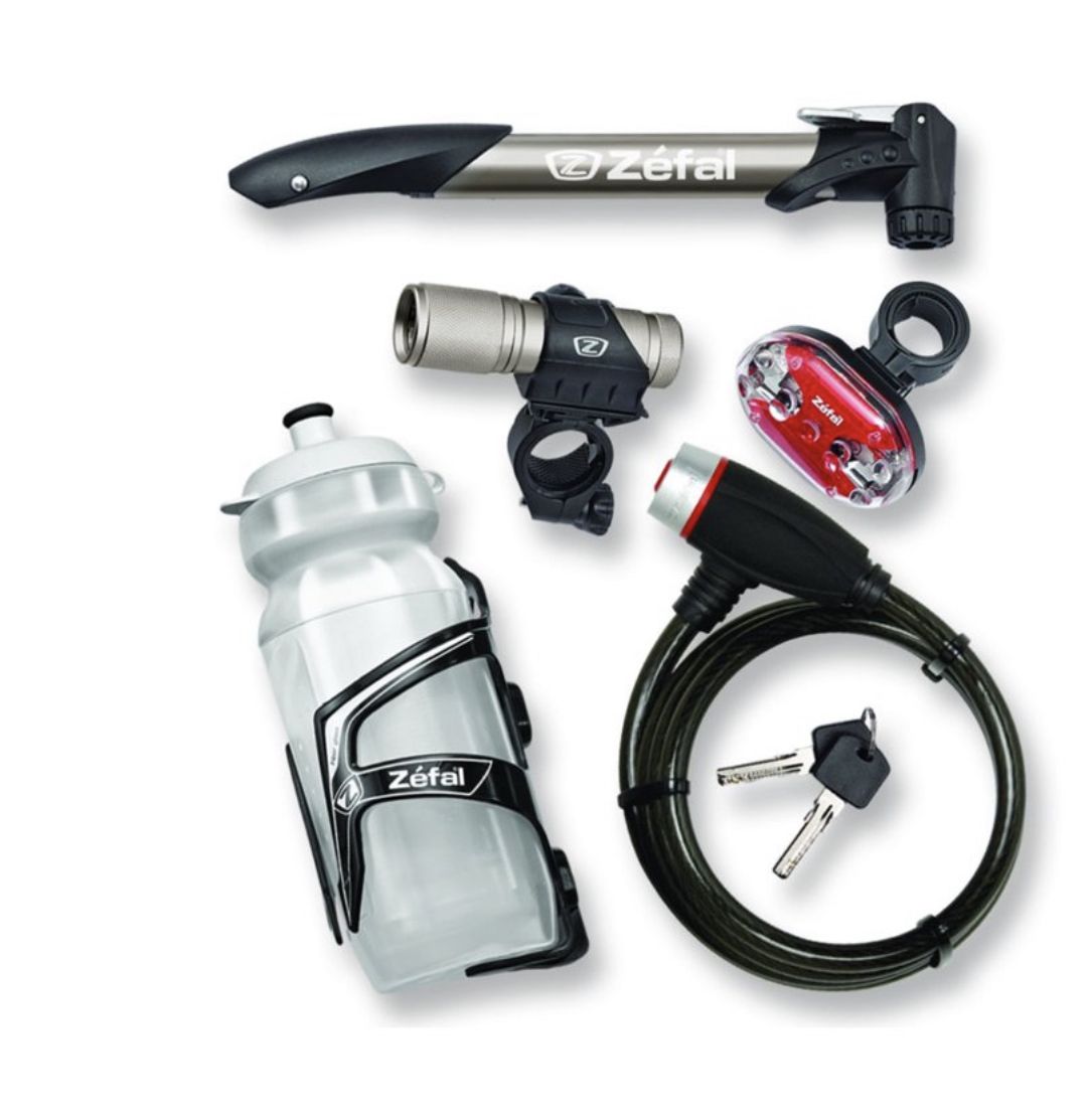 6-Piece Bike Accessories Starter Pack (Pump, Lock, Water Bottle + Cage, Front + Rear Light)