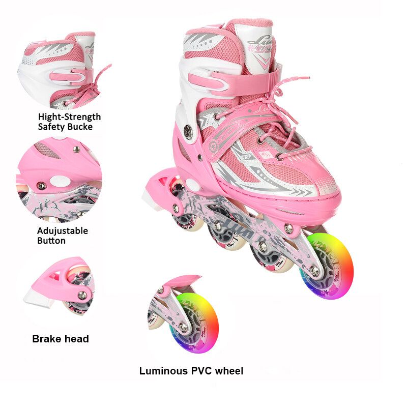 (31-42 Size) S/M/L Flashing Unisex Adult/Kid Breathable Inline Speed Skates Roller 4 Wheels Skating Shoes Adjustable Protective Bracers LED Flash Wheels Skates Gifts For Girl Boy Safety Roller Skates Toys Pink