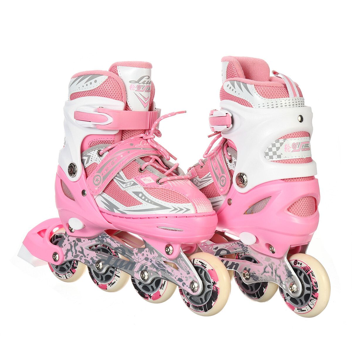 (31-42 Size) S/M/L Flashing Unisex Adult/Kid Breathable Inline Speed Skates Roller 4 Wheels Skating Shoes Adjustable Protective Bracers LED Flash Wheels Skates Gifts For Girl Boy Safety Roller Skates Toys Pink