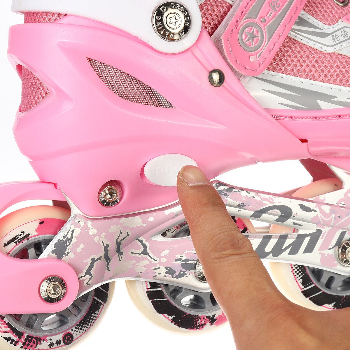 (31-42 Size) S/M/L Flashing Unisex Adult/Kid Breathable Inline Speed Skates Roller 4 Wheels Skating Shoes Adjustable Protective Bracers LED Flash Wheels Skates Gifts For Girl Boy Safety Roller Skates Toys Pink