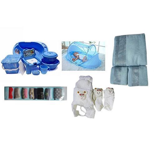 Baby Bath Set And Bed Net BathTowel Baby Socks And Cap-Blue