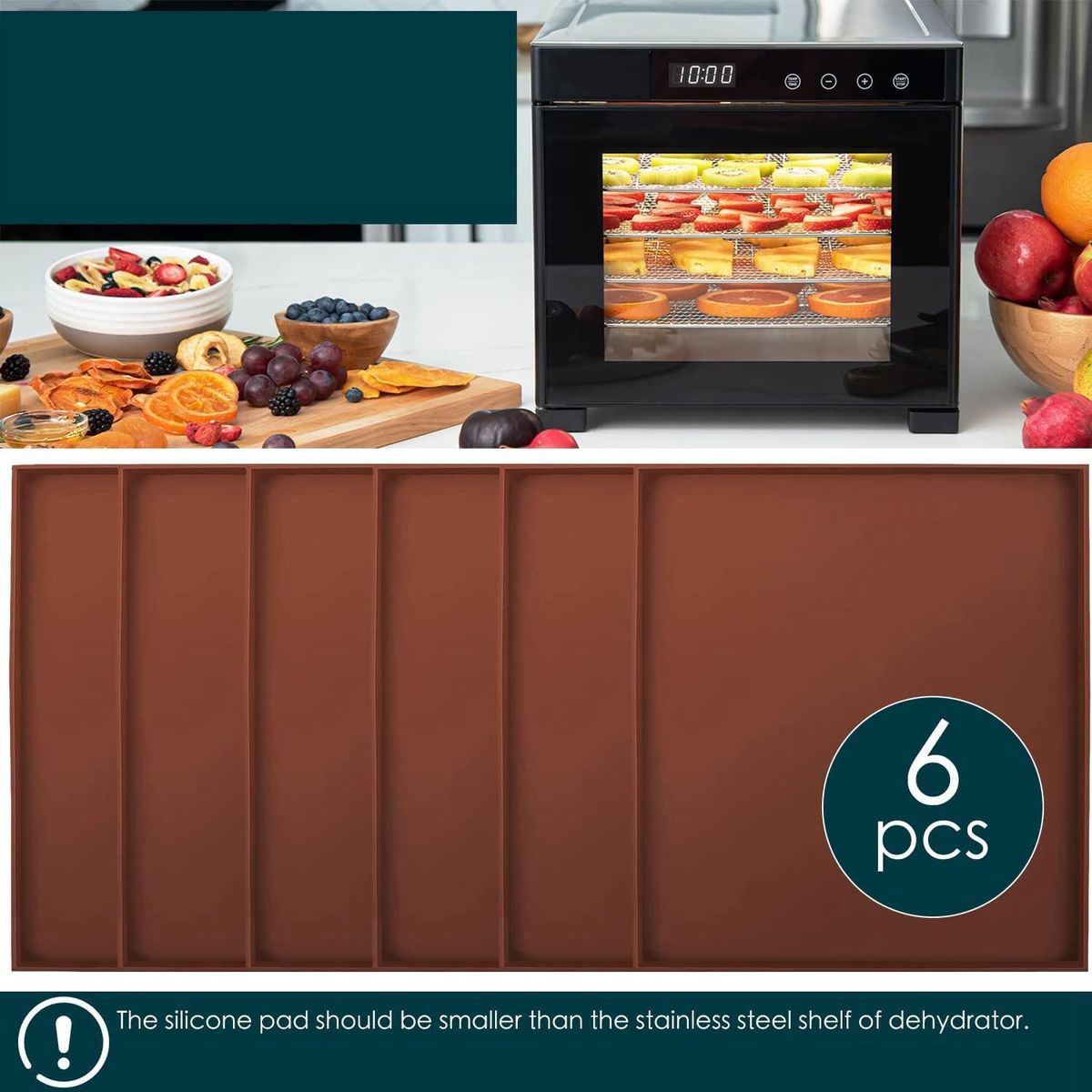 6 Pack Silicone Dehydrator Sheets Non Stick Square Edge Dehydrator Trays for Meat Vegetables Fruit Food Dryer Mat