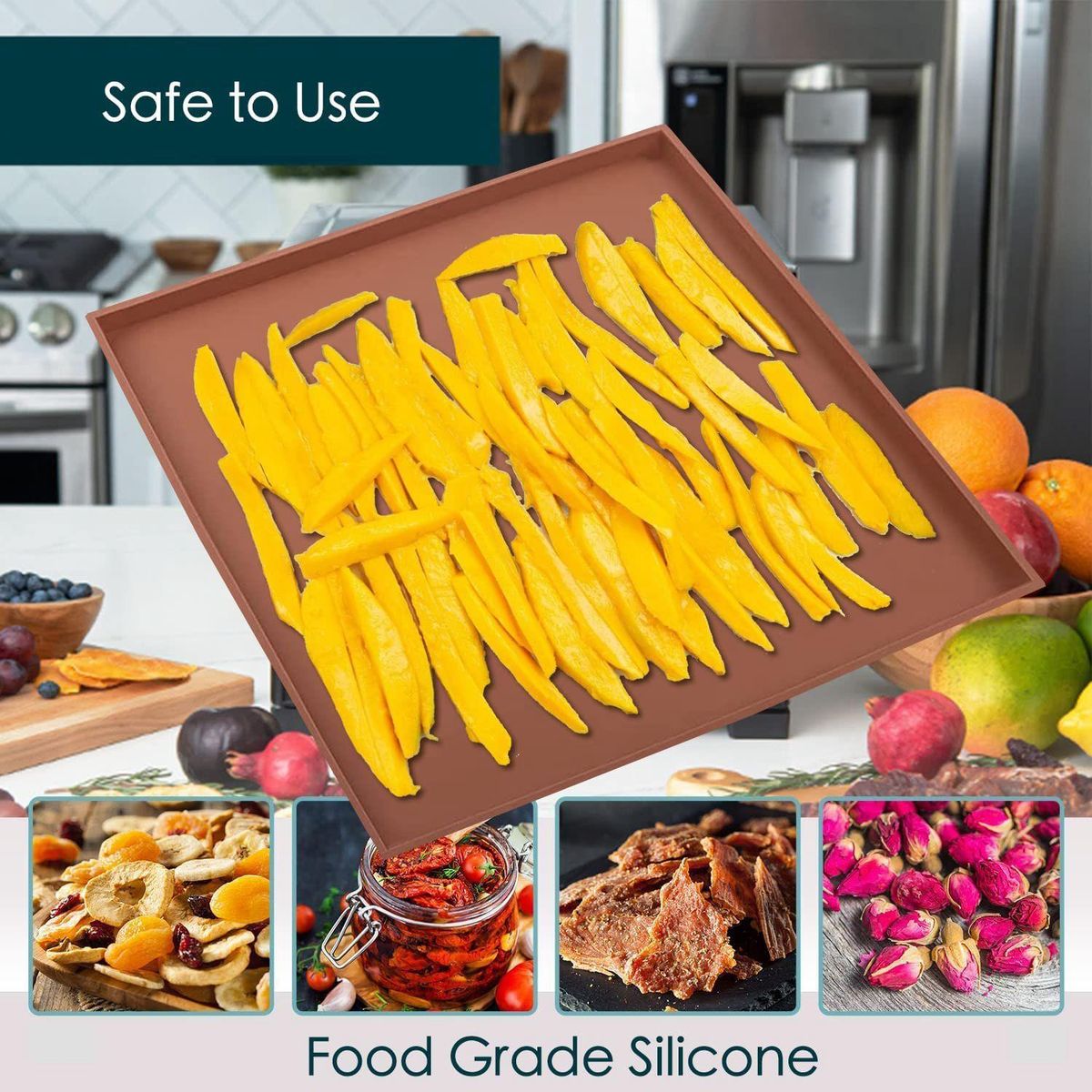6 Pack Silicone Dehydrator Sheets Non Stick Square Edge Dehydrator Trays for Meat Vegetables Fruit Food Dryer Mat