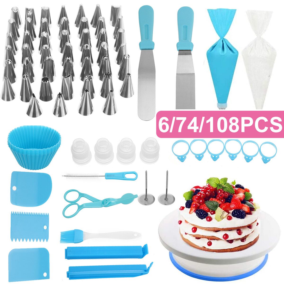 Cake Decorating Turntable Icing Nozzles Pen Spatula Stand Tools Set 108 Pcs