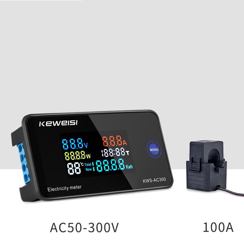 AC 6in1 220V 110V 50V~300V 100A Digital Ampermeter Power Energy Voltmeter Ammeter Volt Watt Kwh Temperature Meter Time Split CT