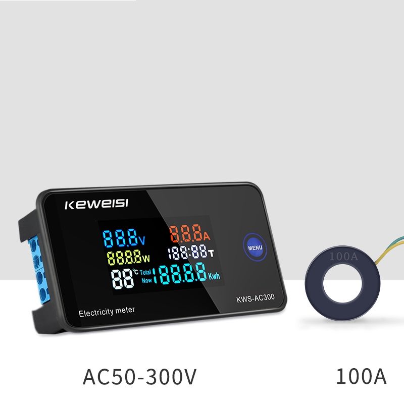 AC 6in1 220V 110V 50V~300V 100A Digital Ampermeter Power Energy Voltmeter Ammeter Volt Watt Kwh Temperature Meter Time Split CT