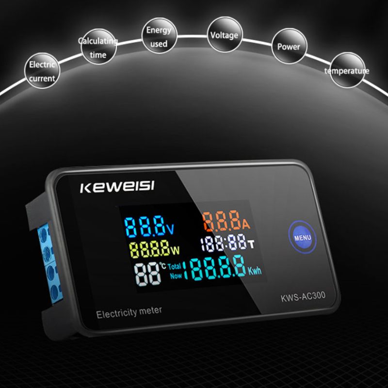 AC 6in1 220V 110V 50V~300V 100A Digital Ampermeter Power Energy Voltmeter Ammeter Volt Watt Kwh Temperature Meter Time Split CT