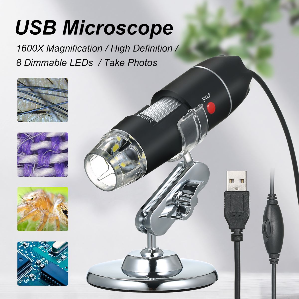 USB Digital Microscope 1600X Magnification Camera 8 LEDs