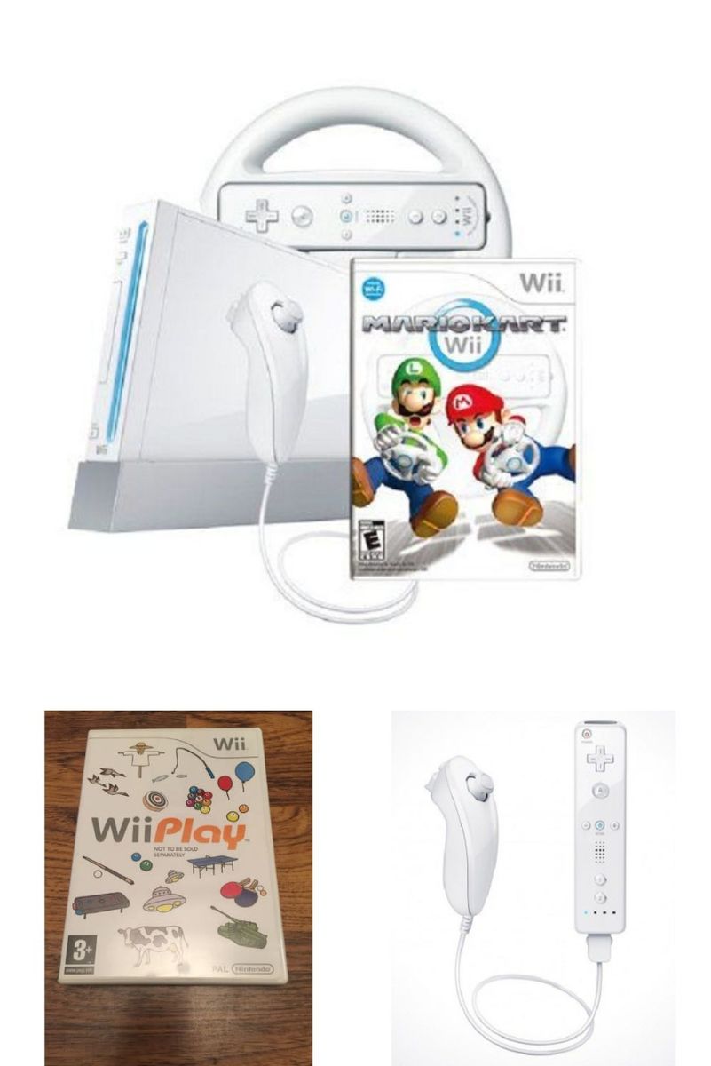Wii Console With Mario Kart+Wheel+Wii Play With Extra Remote Wii Bundle-White