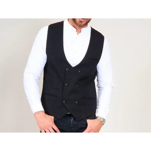 Men's Double Breasted Waistcoat  - Black