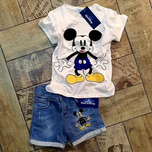 Micky Mouse White Top With Blue Bumper Short
