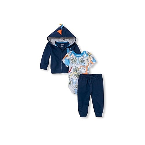 Dinosaur Terry Jacket Bodysuit And Pants 3 Piece Set- Blue