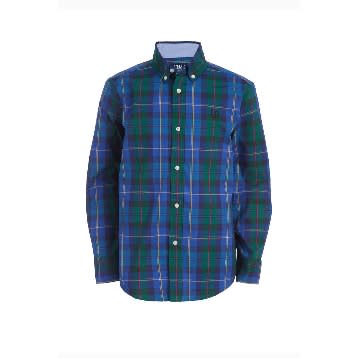 Luxury Boys Long Sleeve Plaid Checkered Pin Down Shirt- Navy Blue  Green