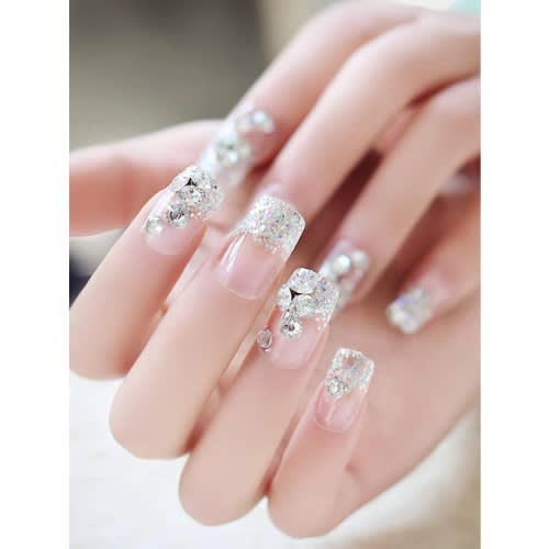 24pcs Glitter Transparent Short Square Fake Nail & 1pc Nail File & 1 Sheet Tape