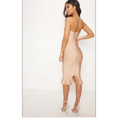 Camel Frill Hem Bandage Midi Dress
