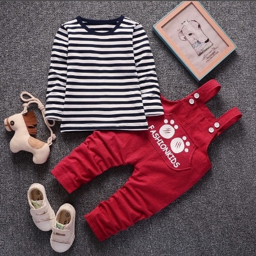 Two Piece Long Sleeve Stripe Shirt And Dungarees